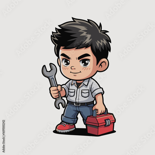 little boy with wrench and toolkit