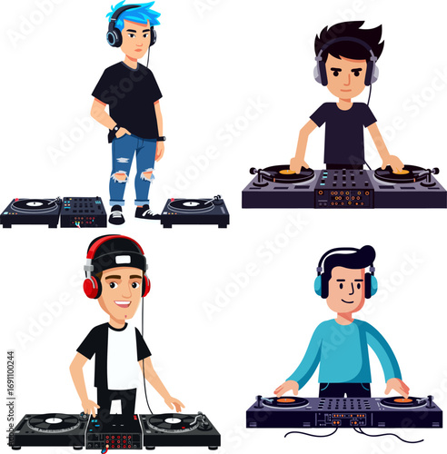 Collection of diverse young male characters as disc jockeys playing electronic music on mixing decks and turntables