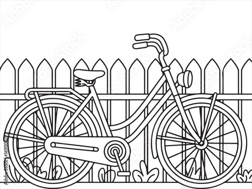 Detailed black and white drawing of a classic bicycle leaning against a fence in a garden