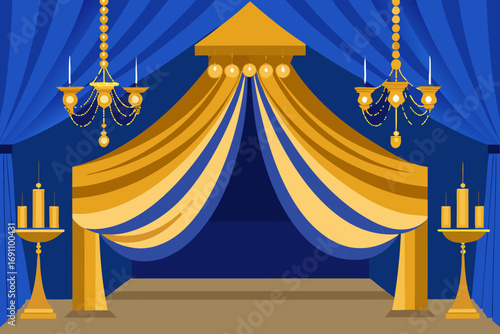 a regal ballroom backdrop with shimmering gold and