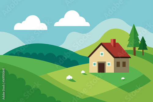 a rustic farm cottage surrounded by rolling green 