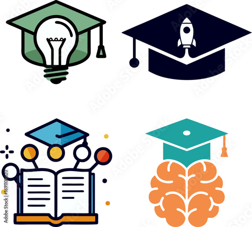 Set of creative education logos symbolizing knowledge, innovation, and academic achievement. Collection of graduation cap icons with brain, rocket, and lightbulb concepts