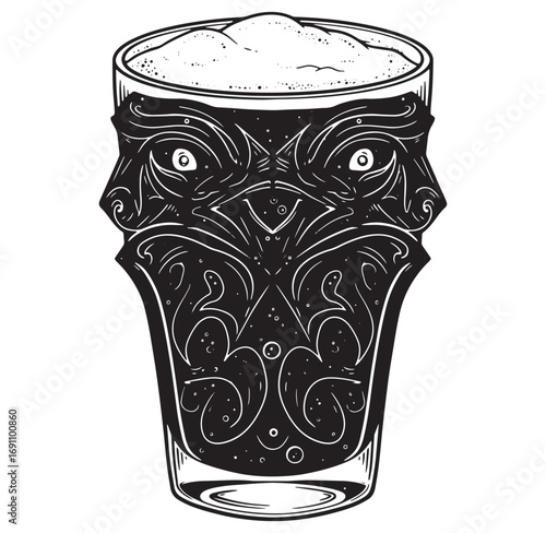 Intricate black and white illustration of beer in a glass with tribal ornate design