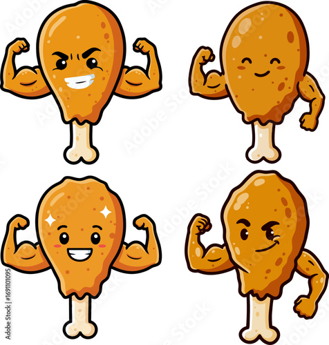 Cartoon chicken drumsticks flexing muscles in various expressions, healthy eating concept
