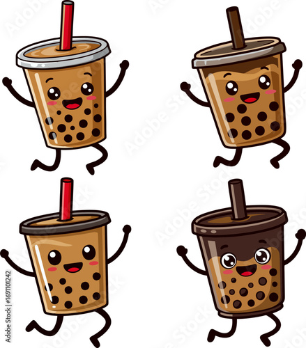 Cute Cartoon Boba Tea Characters Fun & Playful Drinks with Smiling Faces and Delightful Charm