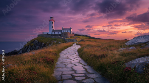 Lighthouse Near Coastline Path at Sunset With Purple and Red Sky