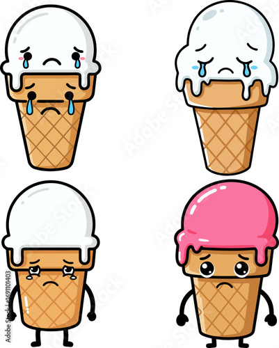 Cartoon ice cream cones with sad faces, showing various emotions