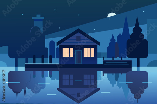 a serene boathouse on a calm canal  reflecting the