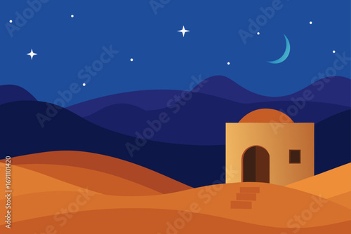 a serene desert oasis with a small adobe house und