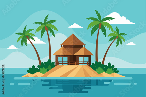 a serene island bungalow with palm trees swaying  