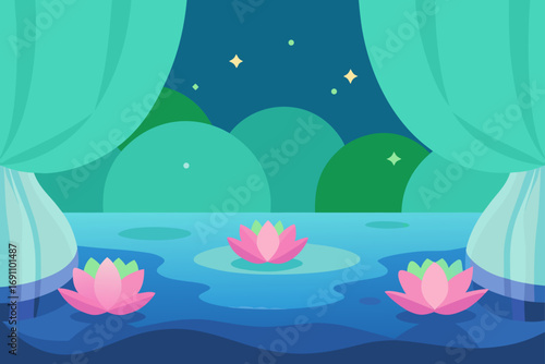 a serene water lily pond backdrop with soft green 