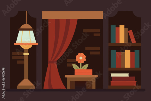 a tranquil library backdrop with dark wood grain d