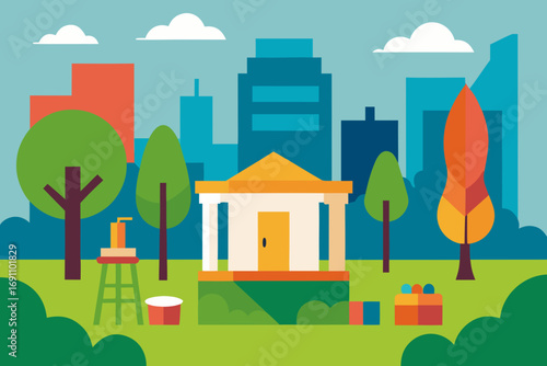 a vibrant artist s studio in a bustling city park 