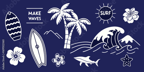 A colorful vector set of surfboards and palm trees on a tropical beach with a scenic ocean view.palm trees, waves, surfboards, and sun. Perfect for summer designs, t-shirts, posters, and coastal brand