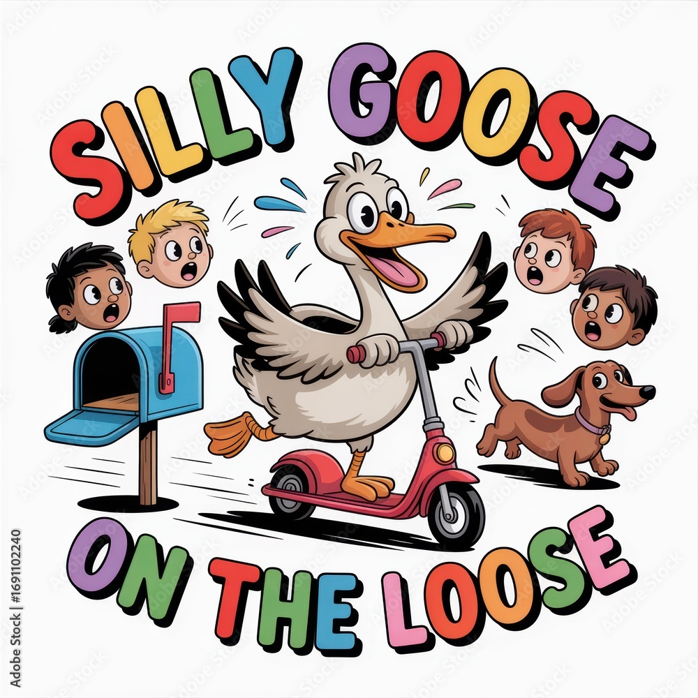 Naklejka premium A playful illustration of a goose on a scooter, surrounded by surprised kids and a dog, with vibrant colors and fun text.