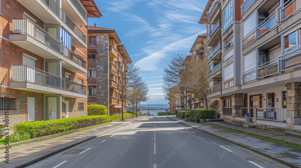 Obraz premium Residential coastal street with apartment buildings, balconies, asphalt road and sea view in the background, realistic stock photo for real estate and housing use in southern Europe. 