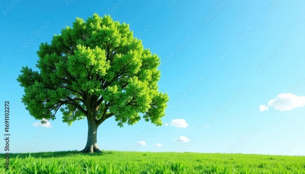 Obraz premium Single green tree against blue sky, symbolizes environmental protection , design, growth