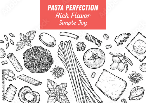 Traditional Italian pasta sketch. Italian food. Staple food. Hand drawn vector illustration. Background for packaging, menu. Top view. Not AI