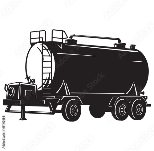 Monochrome illustration of a tanker truck conveying liquids for transportation and delivery