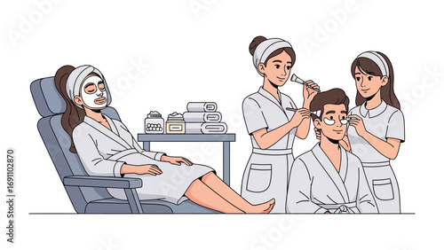 Relaxing spa treatment with women enjoying therapeutic mud baths in wooden tubs while a therapist offers a bowl of mud