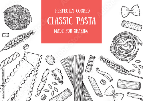 Traditional Italian pasta sketch. Italian food. Staple food. Hand drawn vector illustration. Background for packaging, menu. Top view. Not AI