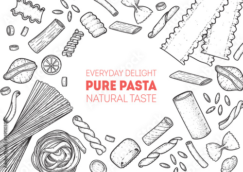 Traditional Italian pasta sketch. Italian food. Staple food. Hand drawn vector illustration. Background for packaging, menu. Top view. Not AI