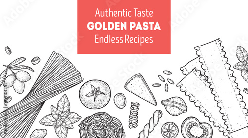 Traditional Italian pasta sketch. Italian food. Staple food. Hand drawn vector illustration. Background for packaging, menu. Top view. Not AI