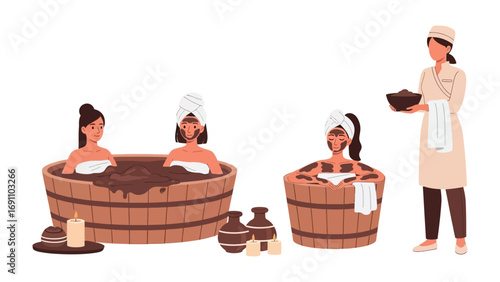Two professional female aestheticians in white uniforms performing a facial treatment on a relaxed woman lying on a spa bed with candles