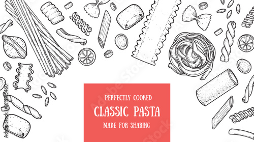 Traditional Italian pasta sketch. Italian food. Staple food. Hand drawn vector illustration. Background for packaging, menu. Top view. Not AI