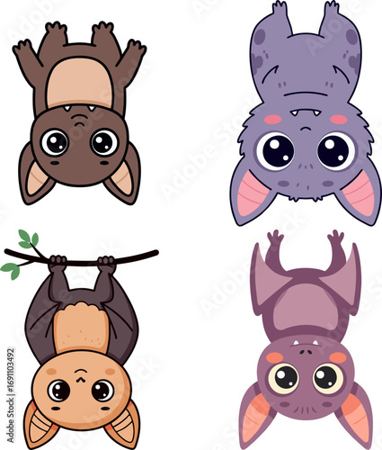 Adorable collection of cute cartoon bat characters hanging upside down. A sweet nocturnal animal vector illustration set