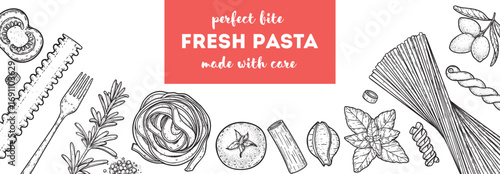 Traditional Italian pasta sketch. Italian food. Staple food. Hand drawn vector illustration. Background for packaging, menu. Top view. Not AI