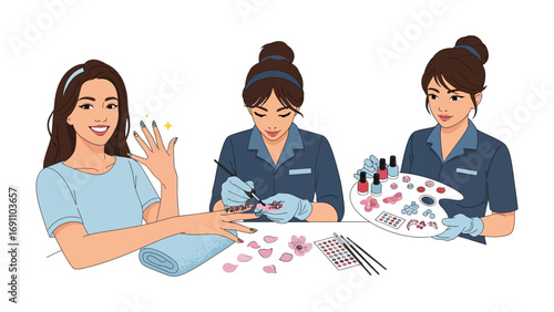 Professional manicurist carefully applying nail polish to a client s fingernails in a brightly lit salon setting with beauty tools visible