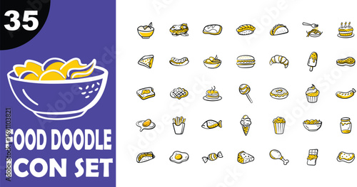 A collection of 35 hand-drawn food doodle icons in a yellow and purple color scheme, featuring a large bowl of chips.