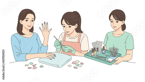 Young woman receiving a professional manicure from a beautician in a salon setting with nail polish bottles and towels