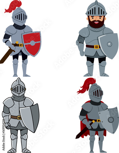 Set of Knight Characters in Armor with Shields and Swords, in Various Poses