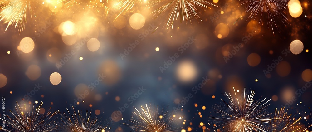 Fototapeta premium New Year background with fireworks and golden lights on blurred dark blue bokeh backdrop, festive celebration or holiday greeting card design banner with copy space for text