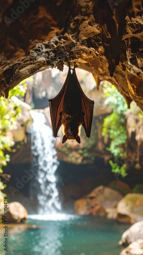Solitary bat hanging beneath a rocky cavern with a picturesque waterfall view