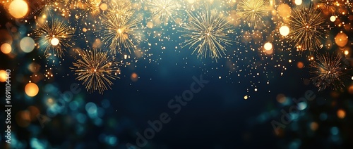 3D rendered New Year background with fireworks and golden lights on dark blue background, space for text, modern digital art for festive celebration design illustration