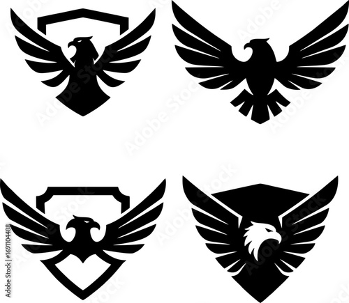 A powerful set of four heraldic eagle emblems with spread wings, ideal for logos, icons, and team crests