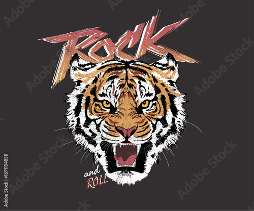 Wild tiger face vector illustration. Vintage rebel rock band tour style.Wild animal graphic design for t-shirt, apparel print, stickers, posters, background,merchandise, and fashion design