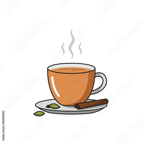 Steaming cup of chai sits on saucer with cardamom pods and cinnamon stick, evoking warmth and comfort on a chilly day.
