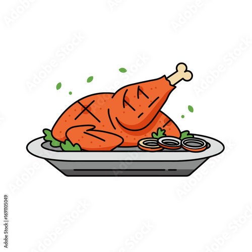Roasted turkey sits on platter with onion rings and lettuce garnish, showcasing a festive holiday meal in a simple, clean style.