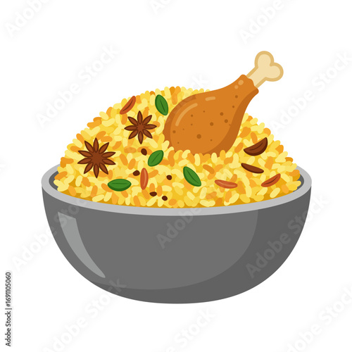 Bowl of chicken biryani sits on a white surface, garnished with spices and herbs, showcasing a flavorful and appetizing meal.