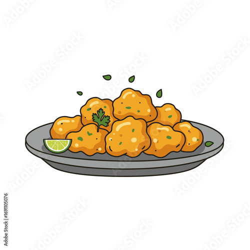 Crispy chicken nuggets served on a gray plate with a slice of lime and parsley, a delicious and tempting snack ready to be enjoyed.