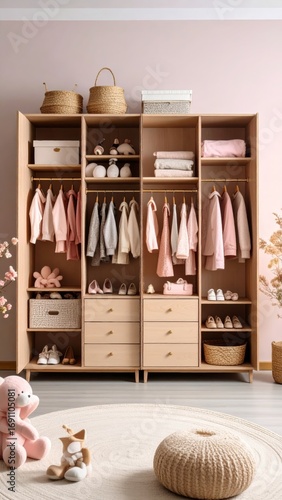 Stylishly Organized Kid's Wardrobe with Clothes and Accessories in Soft Tones