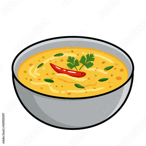 Bowl of yellow lentil dal garnished with cilantro and red chili sits on a white surface, showcasing a simple and delicious meal, perfect for a cozy dinner.