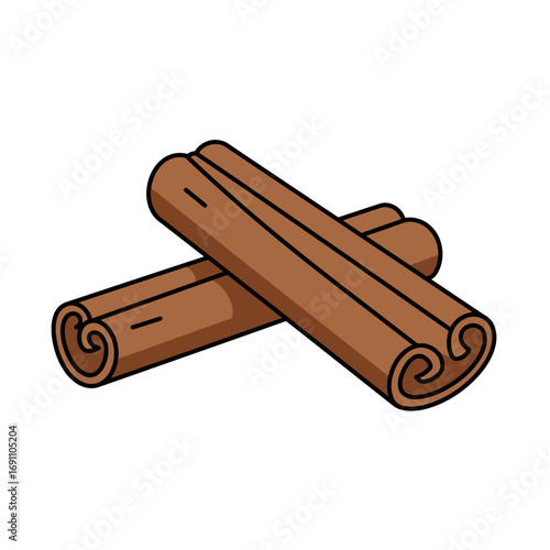 Two cinnamon sticks lying diagonally on a white surface, showcasing their curled ends and warm brown color, creating a cozy and aromatic atmosphere.