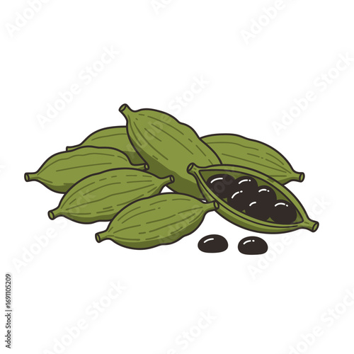 Pile of green cardamom pods sitting on a white surface, with one pod split open revealing black seeds, creating a simple and clean food still life.