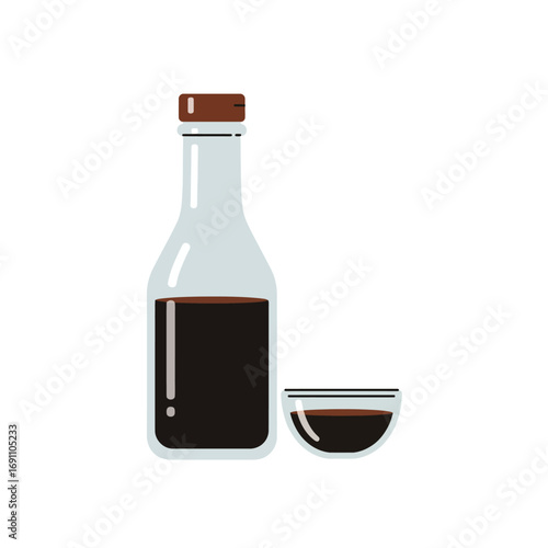 Soy sauce bottle and small bowl sitting on white surface, representing asian cuisine and cooking ingredients in simple, clean style.