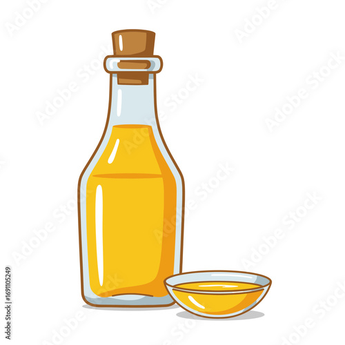 Bottle of golden oil sits next to a small bowl on a white surface, showcasing a healthy and natural cooking ingredient for culinary uses.